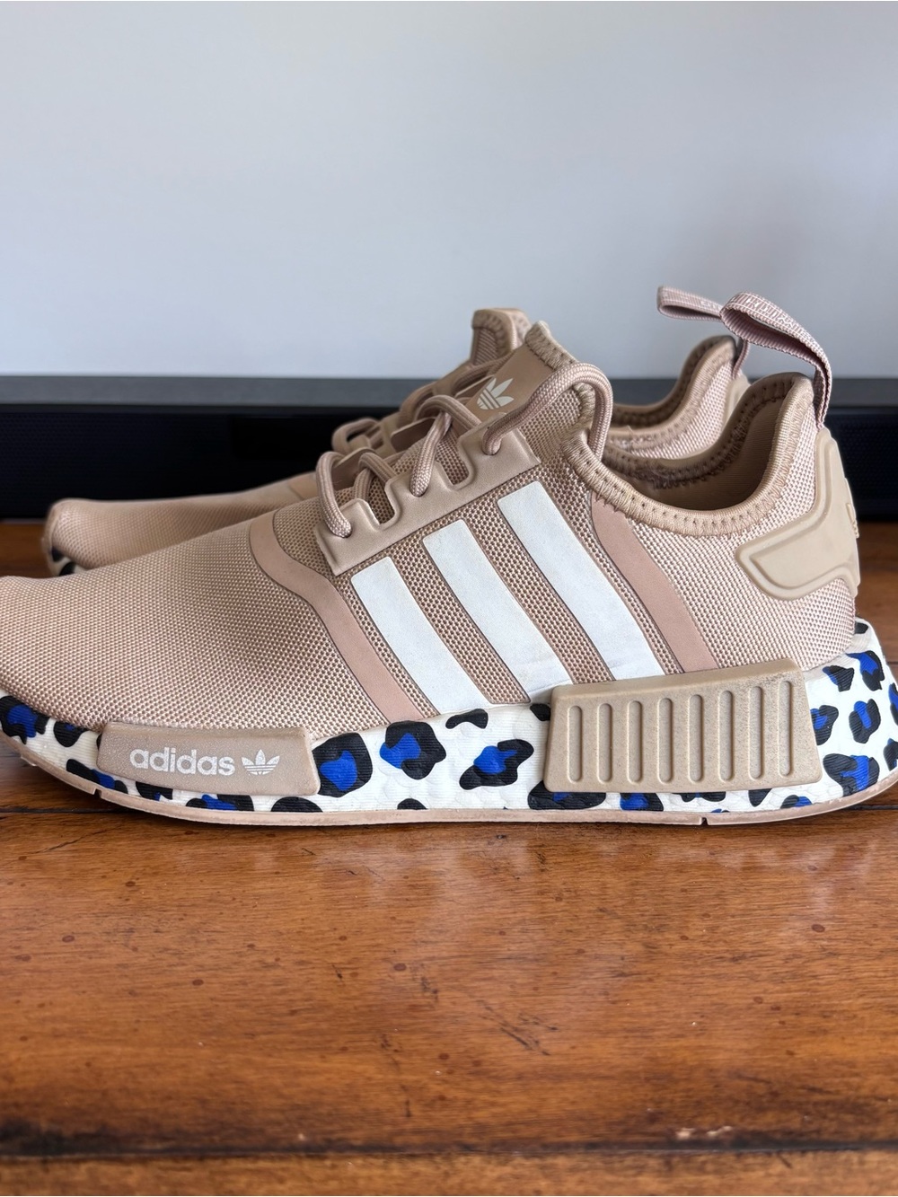adidas Women’s NMD R1 Tan Sneakers with Blue and Black Leopard Midsole